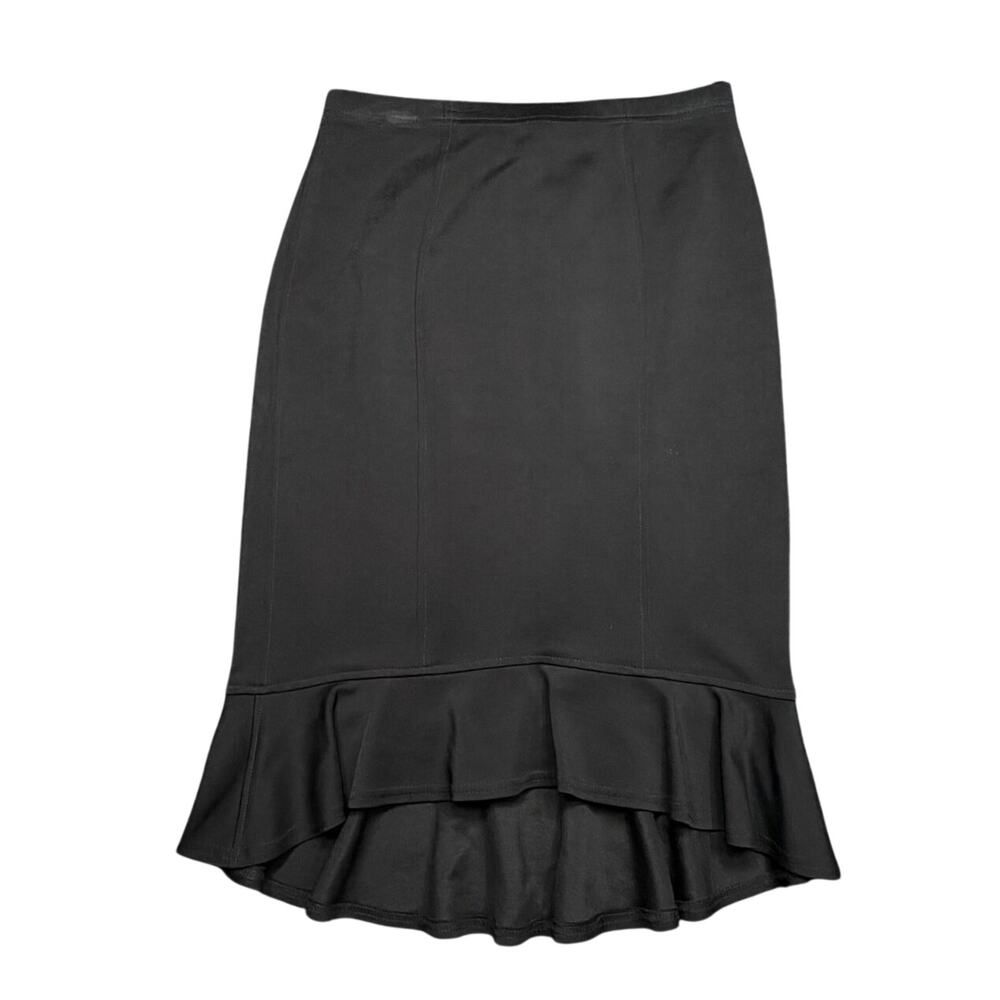Vintage 90s Black Knit Ruffle Flounce Midi Pencil Skirt Size P Petite Y2K Goth